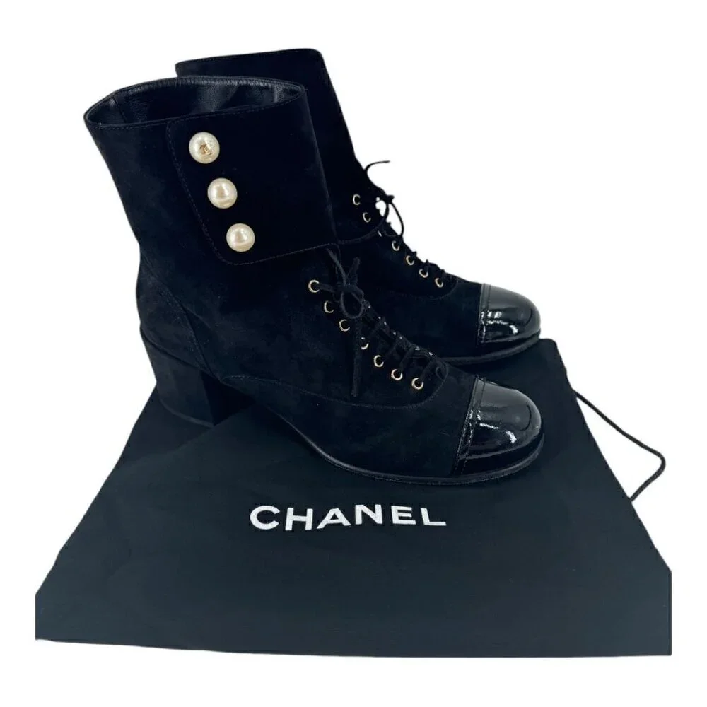 Chanel Suede Pearl CC Logo Patent Cap Toe Short Boots - Picture 2 of 16